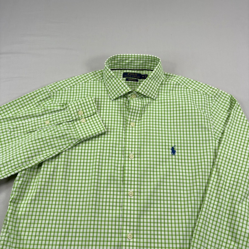Polo Ralph Lauren Performance Shirt Men Medium Green Checkered Button Up Stretch